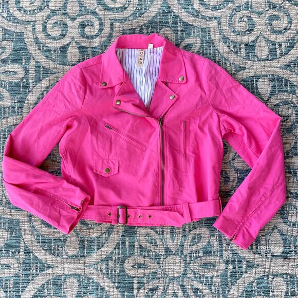 Dolan Left Coast Women's Pink Linen Blend Moto Jacket - Size L - Picture 3 of 8
